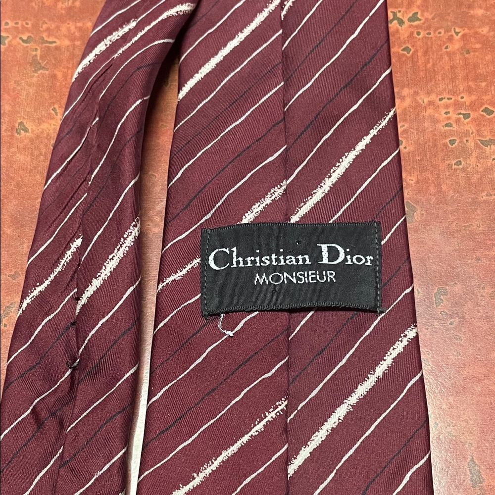 Dior Maroon and White Diagonal Striped Tie